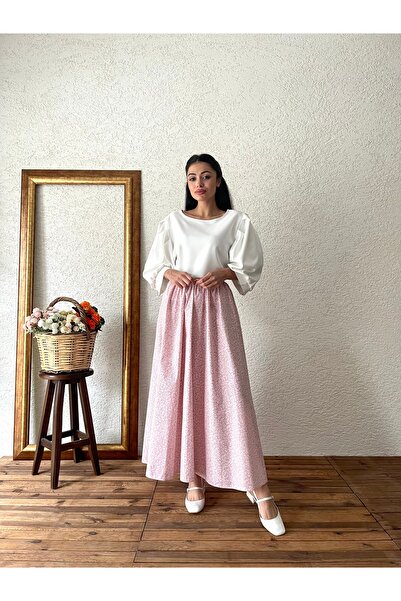KÜÇÜĞÜM BUTİK Powder Pink Poplin Flared Skirt - Crispy Design