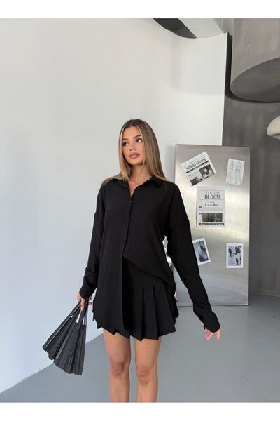 COMBİNE MİCHAİL Cămașă de in negru pentru femei Ayrobin cu buzunar