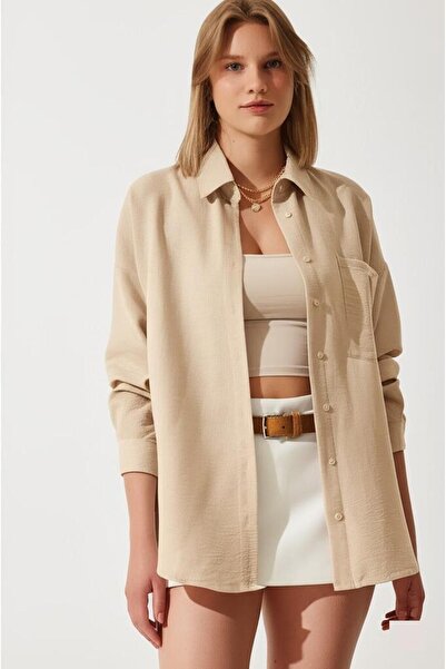 COMBİNE MİCHAİL Cămașă de in oversize bej pentru femei