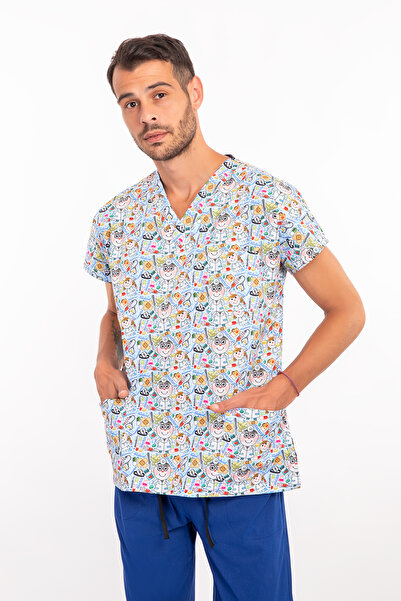 Nur Medikal Giyim Unisex Master Likra Doktor Desenli Pamuklu Cerrah, Doctor Tek Üst Scrubs Forma