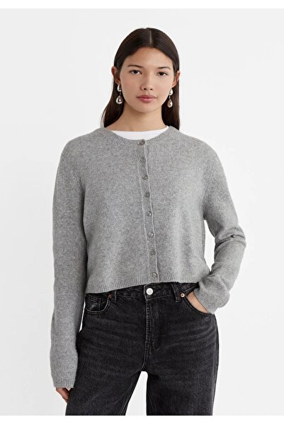 NATUFIAN STORE Basic Gri Düğmeli Antrasit Kadın Triko Hırka