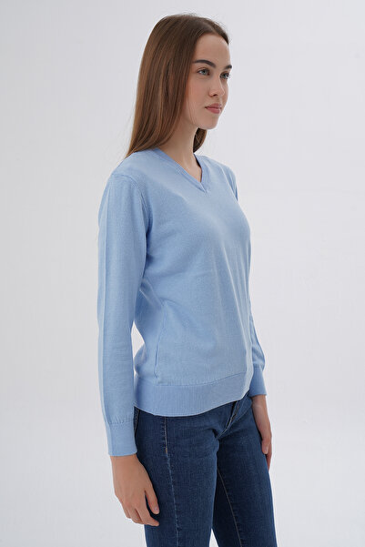 Trist Star Kadın Mavi %100 Organik Pamuk V Yaka Triko Kazak Bluz Trıst-6102