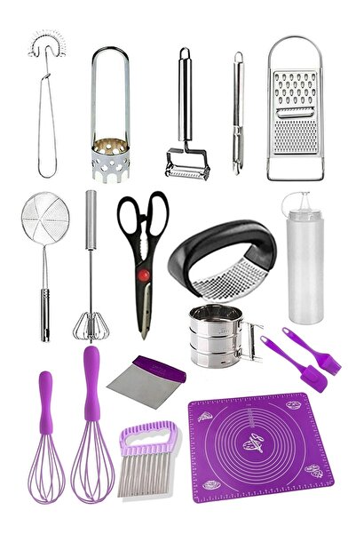 Genel Markalar 18 Parça Mutfak Sunum Hazırlık Gereçleri Çırpıcı,kevgir,hamur Açma Matı,rende Sunum Çeyiz Seti