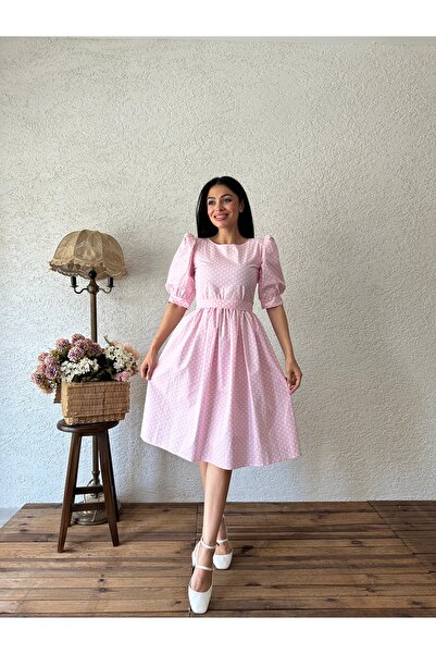 KÜÇÜĞÜM BUTİK Pembe Puantiyeli Karpuz Kollu Elbise