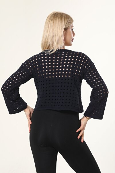MODASPARK Lacivert Delikli Kadın Crop Bluz