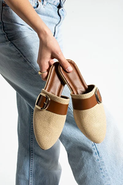 Moda Devrin Tan Jute Buckle Closed Women's Slippers Home and Outdoor Slippers