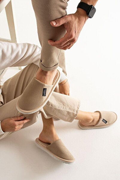 Moda Devrin Unisex Μπεζ ημι-δερμάτινες μάλλινες παντόφλες εσωτερικά