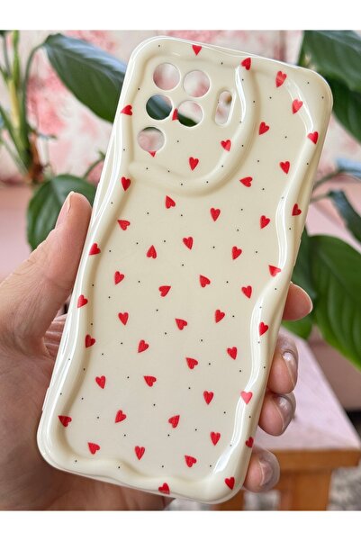 Fibaks Reno 5 Lite Case with Camera Protection Wave Edge Red Heart Pattern Silicone Cover
