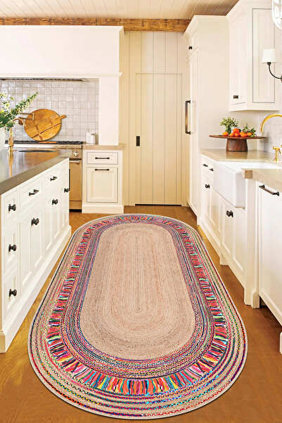 MUA HOME DECOR Oval Hasır Desen Dijital Baskı Yıkanabilir Kaymaz Taban Salon Mutfak Balkon Halısı Yolluk