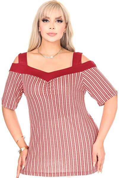Kheos Women's Striped Detail Wide Strap Plus Size Design Blouse