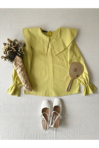 KÜÇÜĞÜM BUTİK Μπλούζα από ποπλίνα με μεγάλο γιακά πράσινο φιστίκι