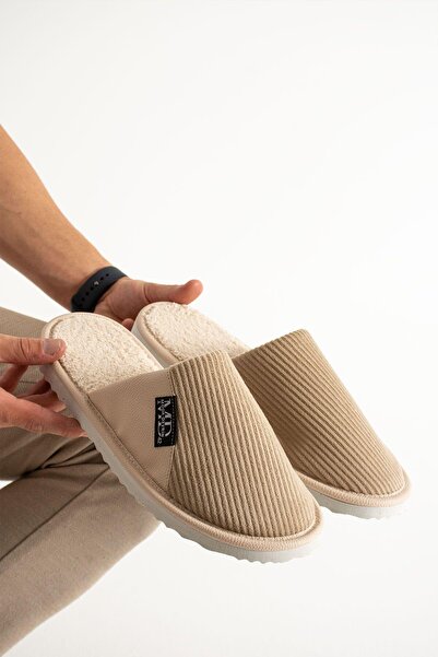 Moda Devrin Unisex Μπεζ ημι-δερμάτινες μάλλινες παντόφλες εσωτερικά