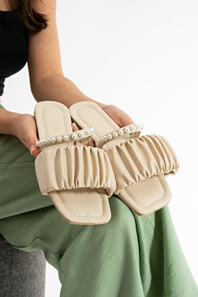 Moda Devrin Papuci de damă Beige cu perle cu șnur