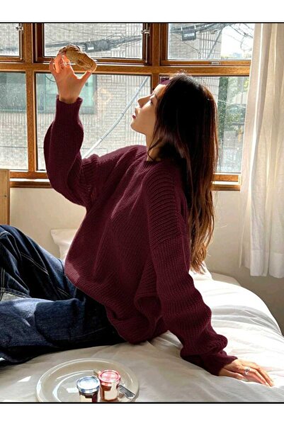 MODASPARK Bordo Bisiklet Yaka Oversize Kadın Triko Kazak