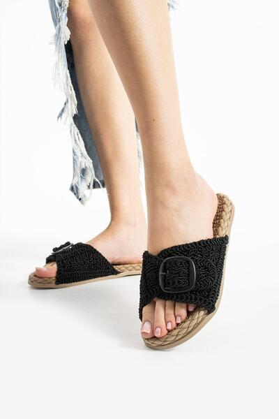 Moda Devrin Siyah Örgü Tokalı Kadın Terlik Kaymaz Taban Havuz Deniz Plaj Terliği