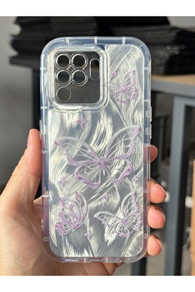 Fibaks Oppo Reno 5 Lite Case Plug-In Camera Protection Glossy Hologram Butterfly Pattern Shock Absorbing