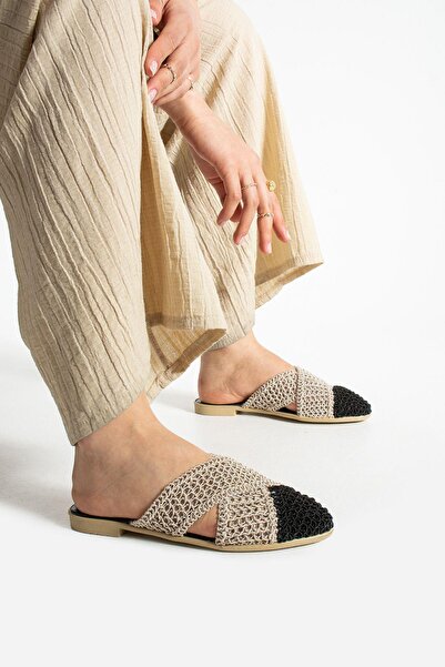 Moda Devrin Черни плетени дамски затворени чехли с кръстосана форма за дома и открито