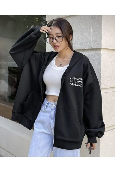 BYMEER Favorite Hırka - Siyah Baskılı Kışlık Oversize Kapüşonlu Fermuarlı Cep...