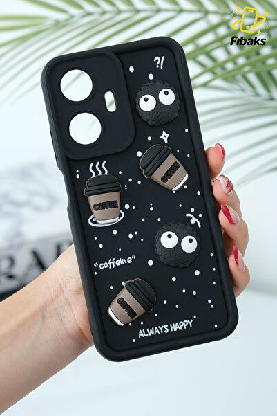 Fibaks Realme C55 Uyumlu Kılıf Tasarımlı Desenli Kamera Korumalı Coffee Kurabiye Siyah Yumuşak Silikon Kap