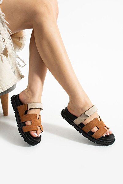 Moda Devrin Barna velúr tépőzáras anatómiai kényelmes talpú női papucs