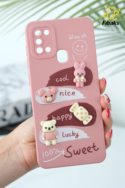 Fibaks Galaxy A21s Uyumlu Kılıf Tasarımlı Desenli Kamera Korumalı Tavşan Pembe Yumuşak Silikon Kapak