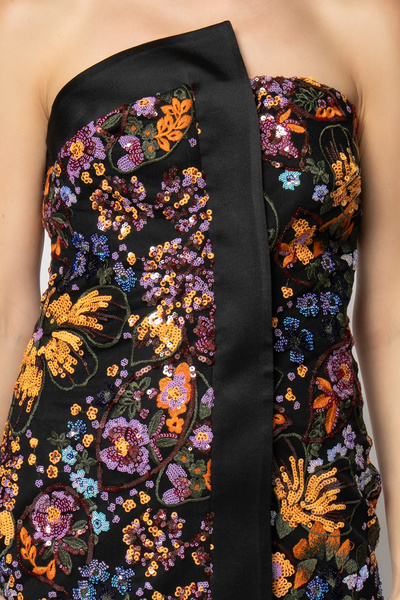 RENGIN Asimetrik Kesim Payetli Çiçek Desenli Straplez Elbise