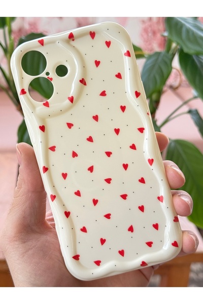 Fibaks Samsung Galaxy A06 Compatible Case with Camera Protection Wave Edge Red Heart Pattern Silicone Cover