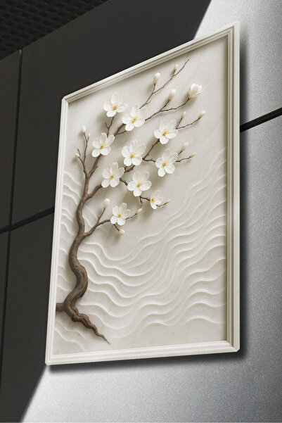 DekorHane 3d Kabartma Görünümlü Metal Baskı, Dekoratif Dal Ağaç Çiçek Desenli Tablo, Mermer Görünüm, Ev Ofis