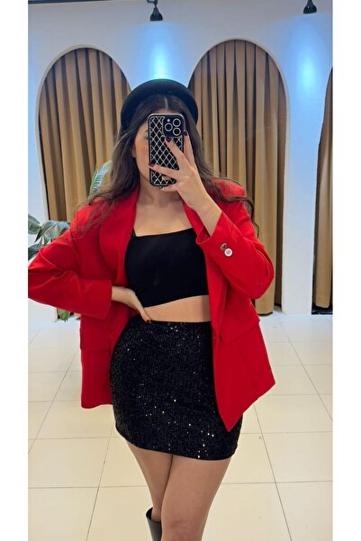 SUNAYBUTİK SİYAH PAYETLİ MİNİ ETEK