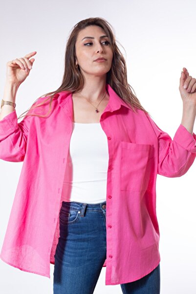 Justime Kadın Oversize Pamuk Keten Fuşya Gömlek ( 100% Flamlı )