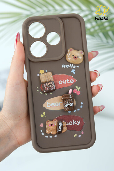 Fibaks Xiaomi Redmi 13 4G Kılıf Tasarımlı Desenli Kamera Korumalı Ayıcık Kahv...