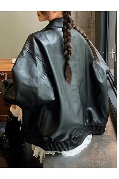 çerme Vintage Γυναικείο Oversize Μαύρο Δερμάτινο Μπουφάν