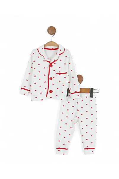 Ege Bebek Girl's Ribbed Heart Printed Seasonal Buttoned Nightgown Top and Bottom Pajama Set L Size 6 Months to 14 Years