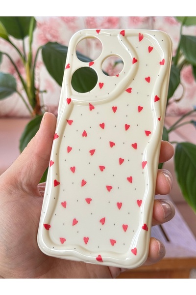 Fibaks Xiaomi Redmi 13 4g Case with Camera Protection Wave Edge Red Heart Pattern Silicone Cover