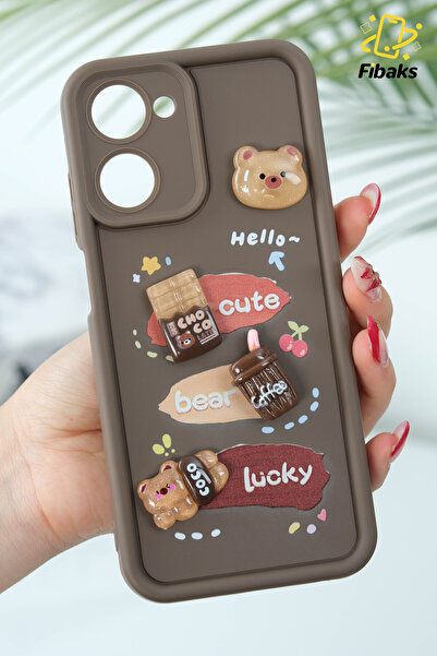 Fibaks Realme 10 4G Case Designed Patterned Camera Protected Teddy Bear Brown Color Soft Silicone Cap