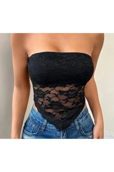 Lacis Dantela neagră Decolteu fără bretele Fusta Triunghi Decupat Crop