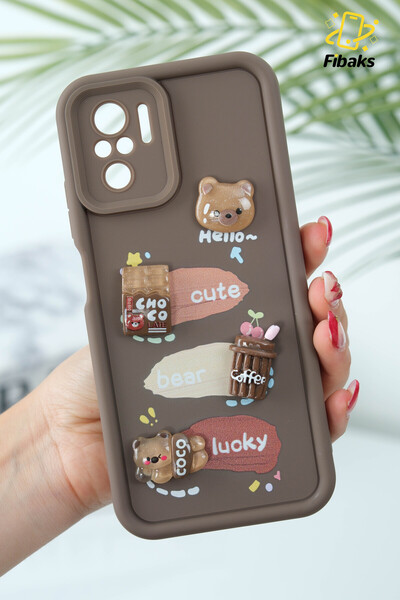 Fibaks Redmi Note 10/10s Uyumlu Kılıf Tasarımlı Desenli Kamera Korumalı Ayıcık Kahve Renkli Yumuşak Kapak