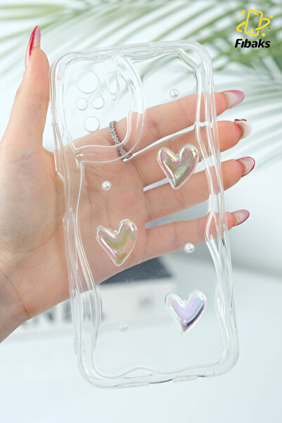 Fibaks Redmi Note 10 - 10S Case 3D Heart Pearl Design Patterned Camera Protection Transparent Silicone Cover