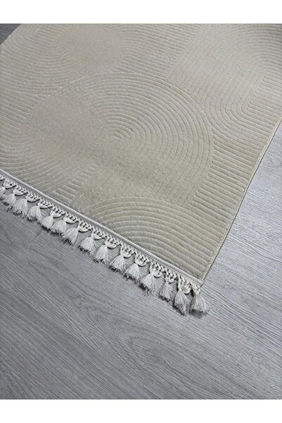 Merinos Örgü Saçak Rölyef Joy Krem Kaymaz Taban Kesme Halı Yolluk