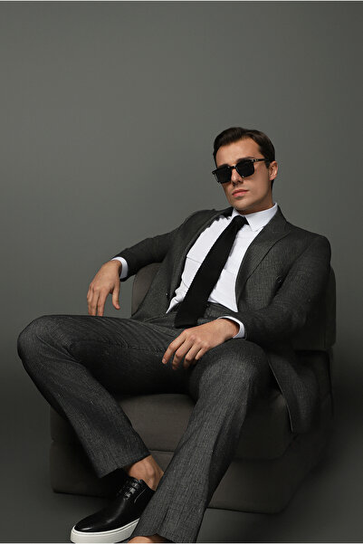 Kiğılı Slim Fit Dar Kesim Keten Karışımlı Kruvaze Takım Elbise