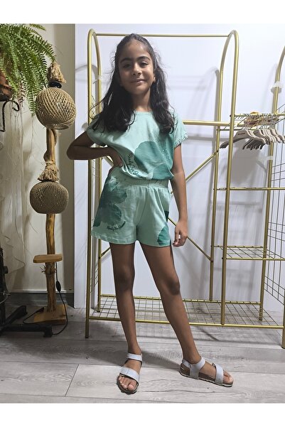 Miniworld Girls' Shorts T-Shirt Set Cotton Large Flower Pattern Mildew Green