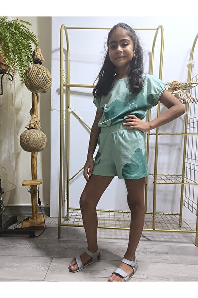 Miniworld Girls' Shorts T-Shirt Set Cotton Large Flower Pattern Mildew Green