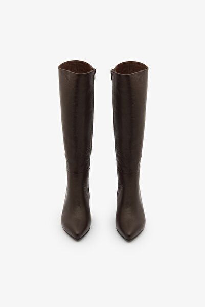 SAYL Cizme maro din piele naturală cu fermoar, cu vârf ascuțit și toc înalt, pentru femei