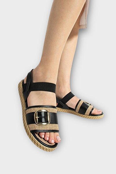 Liger Women's Buckled Straw Single Strap Rubber Detailed Sandals Black
