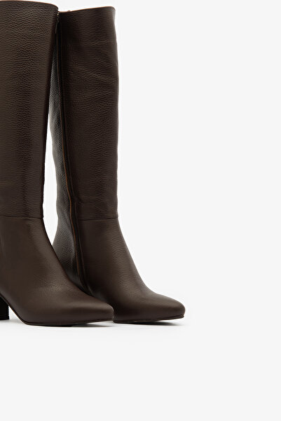 SAYL Cizme maro din piele naturală cu fermoar, cu vârf ascuțit și toc înalt, pentru femei