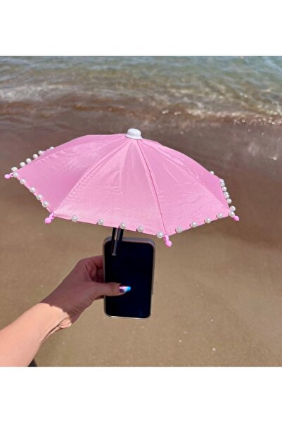 ELOSHE HOLA TELEFON ŞEMSİYESİ YAĞMUR KORUYUCU İNCİ DETAYLI PEMBE YENİ SEZON