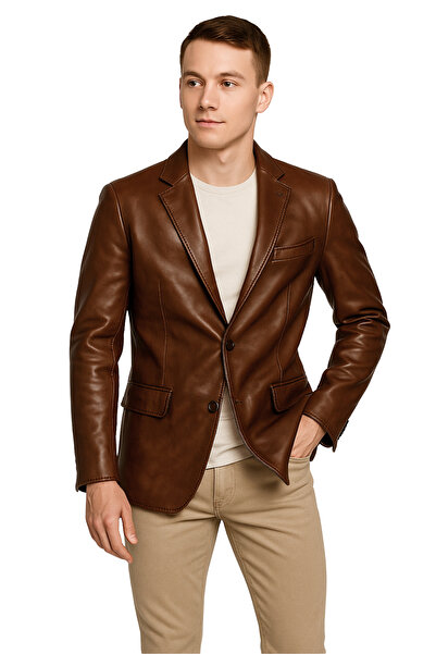 AsyaClub Derije Diego Genuine Leather Men's Tan/Brown Blazer Jacket