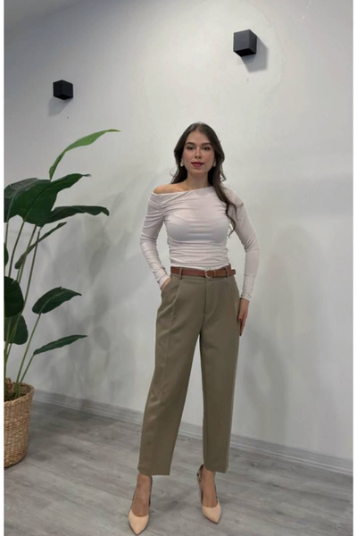 HEDEF DAİSY Green Color Belt Detailed Long Classic Fit Women's Trousers
