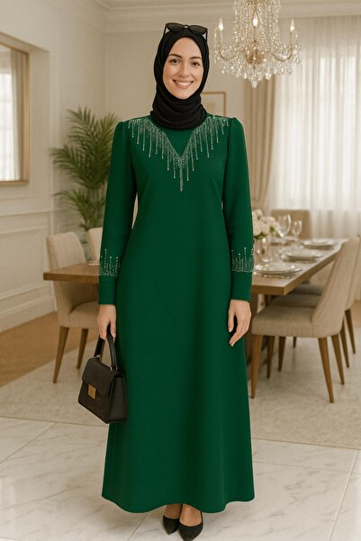 Mercan TAŞ DETAY KREP KUMAŞ HÜMÜŞ ELBİSE