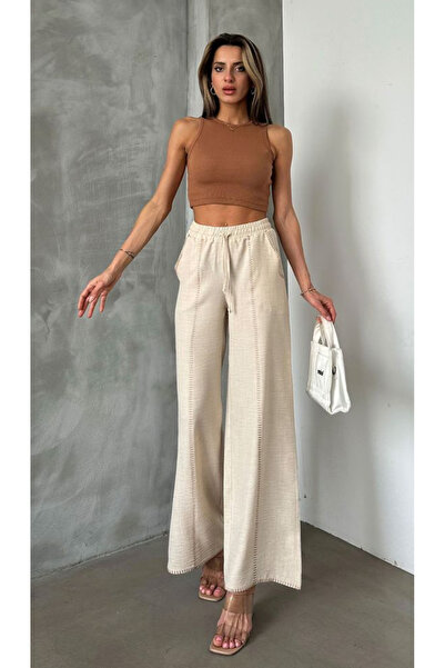 HEDEF DAİSY Pantaloni casual de culoare bej cu detaliu brodat în partea de jos